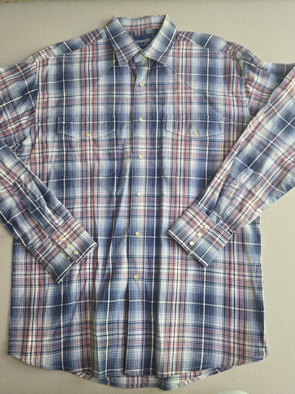 Vintage Wrangler Western Shirt Large Blue Red Plaid Long Sleeve Pearl Snaps